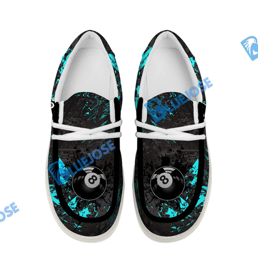 BlueJose Billiards 8 Ball Black Stains Grunge Cyan White Canvas Loafer Shoes