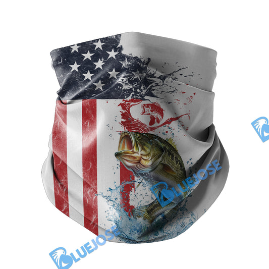 BlueJose Bass Fishing American Flag Red Blue Seawave Neck Gaiter