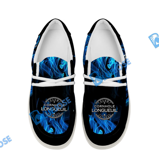 BlueJose Personalized Name Cornhole Blue White Canvas Loafer Shoes