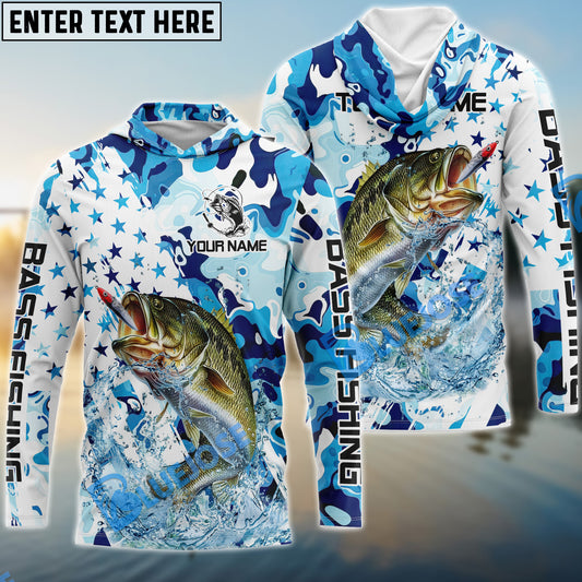 Bluejose Striped Bass Fishing Blue White American Flag Custom Name & Team Name 3D Shirts