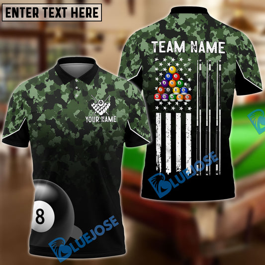 BlueJose Billiards Ball 8 American Flag Camo Personalized Name, Team Name Unisex Shirt ( 4 Colors )