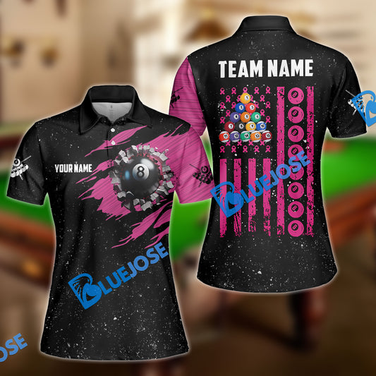 BlueJose Billiards Breast Cancer Awareness Black American Flag Customized Name 3D Shirts