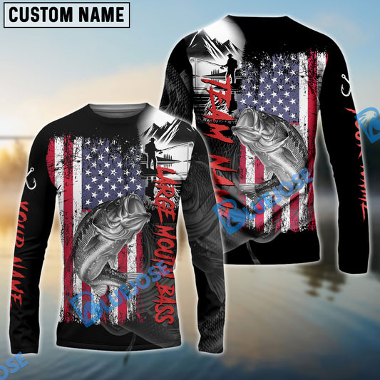 Bluejose Large Mouth Bass Fishing Black US Flag Sport Custom Name & Team Name 3D Shirts
