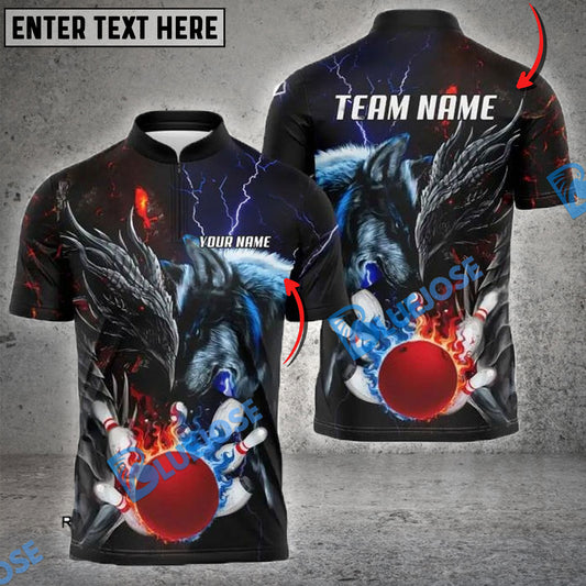 BlueJose Bowling And Pins Dragon And Wolf Multicolor Customized Name Shirt (4 Colors)