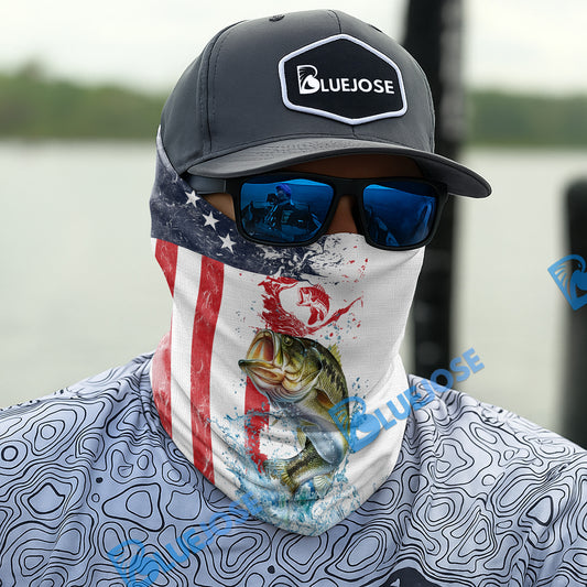 BlueJose Bass Fishing American Flag Red Blue Seawave Neck Gaiter