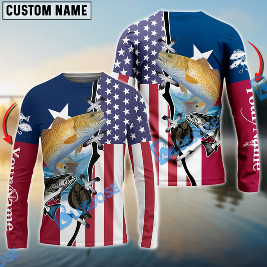Bluejose Inshore Grand Slam Redfish, Speckled Trout, Flounder Texas American Flag Custom Name Fishing Shirts