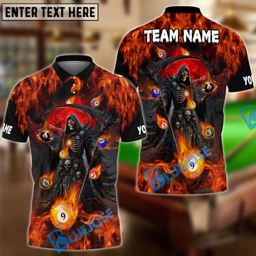 BlueJose Billiards Ball 8 & 9 Grim Reaper Fire Design Personalized Name Shirt (4 Colors)