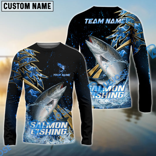 Bluejose Salmon Fishing Hooked Jump Splash Custom Name & Team Name 3D Shirts