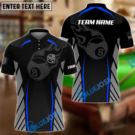 BlueJose Flame 8 Ball Billiards Personalized Name Shirt for Team (6 Colors)