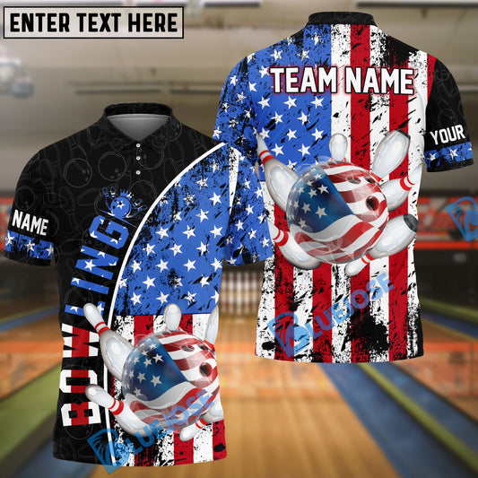 BlueJose Bowling And Pins Patriotic American Flag Customized Name, Team Name 3D Shirt