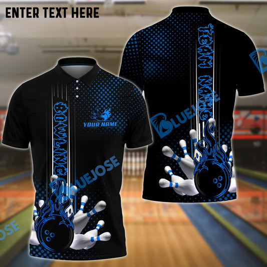 BlueJose Bowling And Pins Fire Dot Pattern Personalized Name Team Name Shirt (4 Colors)