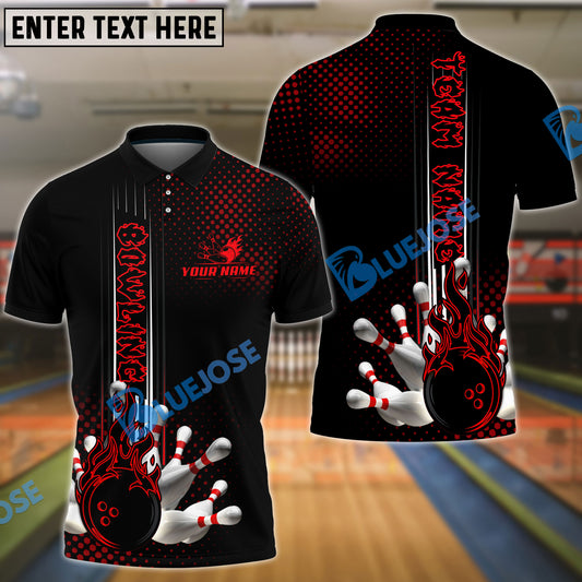 BlueJose Bowling And Pins Fire Dot Pattern Personalized Name Team Name Shirt (4 Colors)