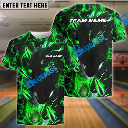 BlueJose Bowling And Pins Green Black Lightning Panther Customized Name, Team Name 3D Shirt