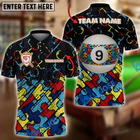 BlueJose Billiards Ball 9 Autism Awareness Puzzle Customized Name, Team Name 3D Shirt