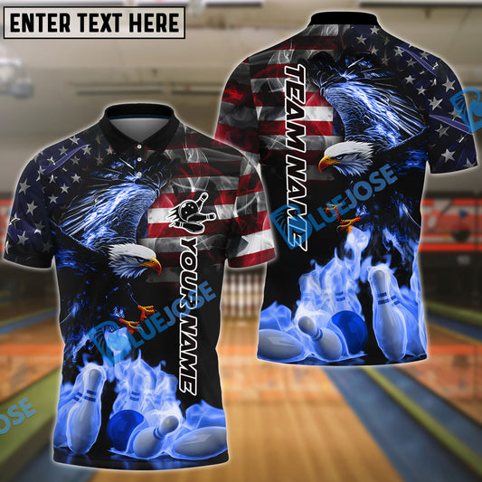 BlueJose Bowling And Pins Flame American Eagle Customized Name, Team Name 3D Shirt (4 Colors)
