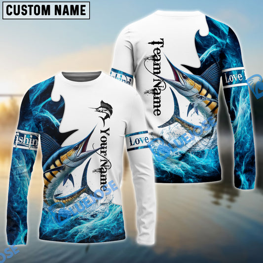 BlueJose Customize Name Marlin Fishing Water & White 3D Shirts