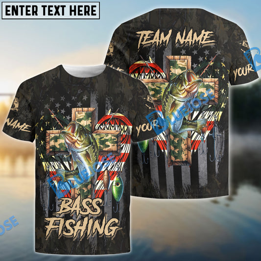 Bluejose Bass Fishing American Flag Camo Cross Gear Custom Name & Team Name 3D Shirts