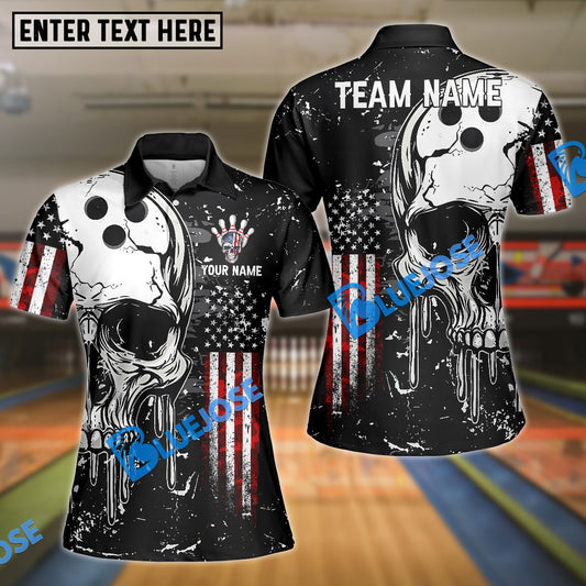 BlueJose Bowling And Pins American Flag Skull Customized Name, Team Name 3D Shirt