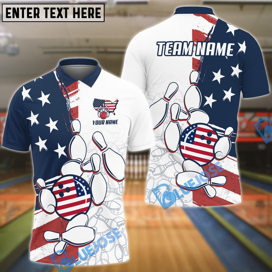 BlueJose Bowling And Pins Liberty Roll US Flag Personalized Name And Team Name 3D Shirt