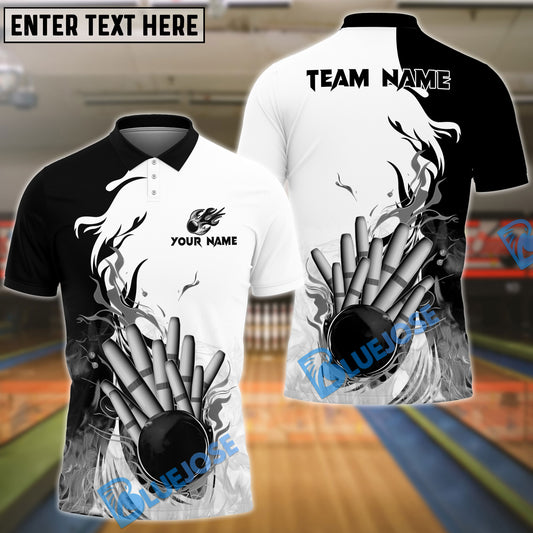 BlueJose Candlepin Bowling Basic Fire Flame Customized Name 3D Shirt (4 Colors)