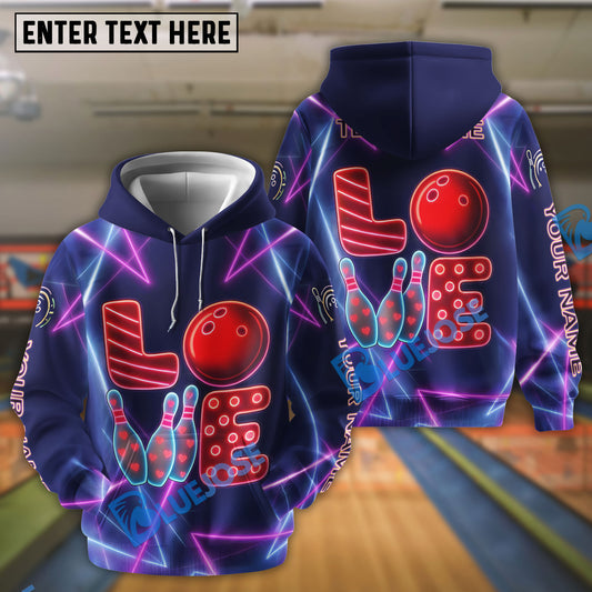 BlueJose Bowling LOVE With Pins And Ball In Neon Design Customized Name, Team Name 3D Shirt