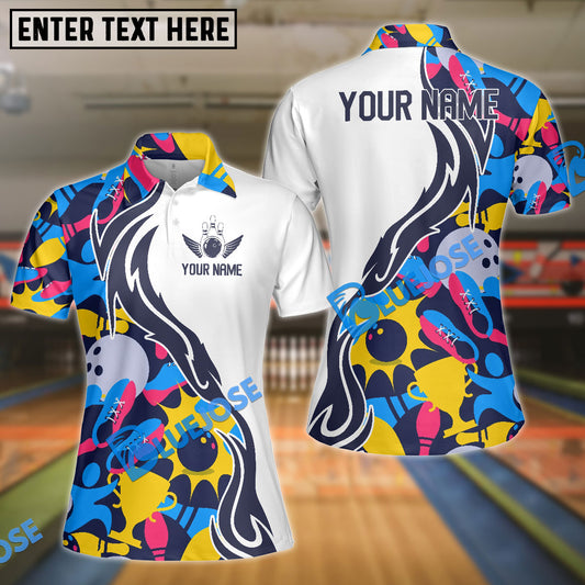 BlueJose Multicolor Bowling Ball And Pins Pattern Premium Customized Name 3D Shirt For Women