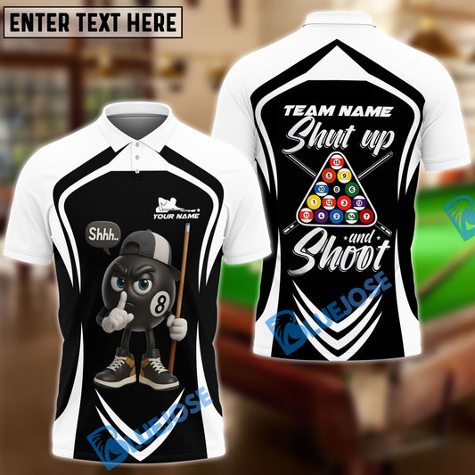 BlueJose Billiards 8-Ball Pool Shut Up and Shoot Ver Triangle Rack Personalized Name, Team Name Unisex Shirt (4 Colors)