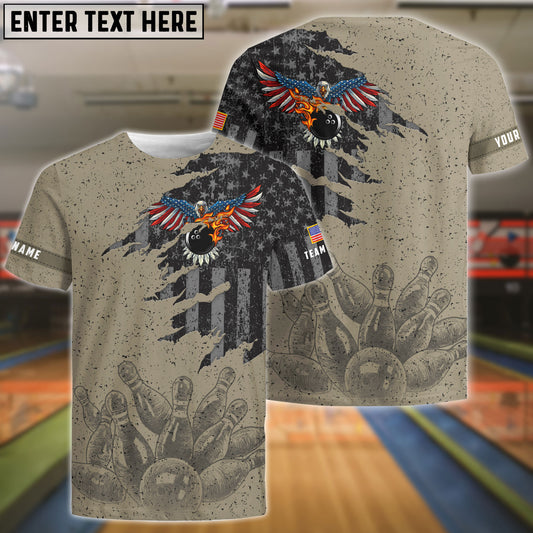 BlueJose Bowling Eagle Retro American Flag Pattern Customized Name, Team Name 3D Shirt
