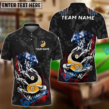BlueJose Billiards Ball 8 & 9 Yinyang Funny Claw Tearing US Flag Personalized Name, Team Name Unisex Shirt