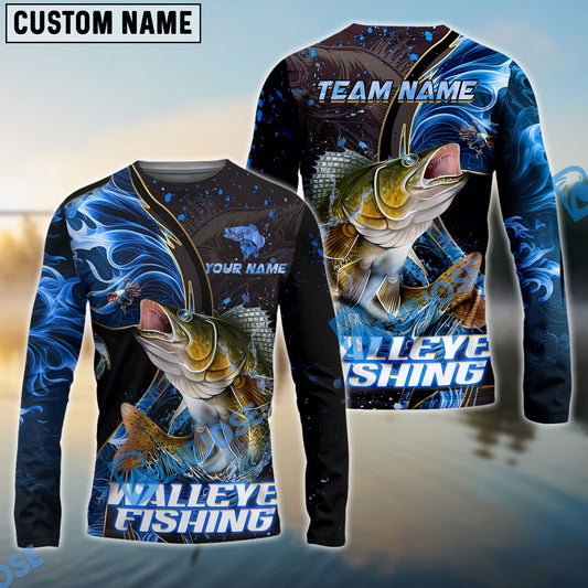 Bluejose Walleye Fishing Blue Flame Smoke Line Premium Style Sport Custom Name & Team Name 3D Shirts