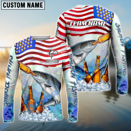 Bluejose Salmon Fishing American Flag Beer Custom Name & Team Name 3D Shirts