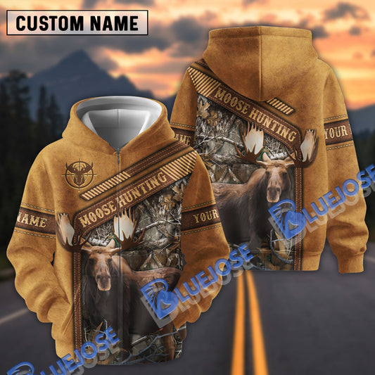 BlueJose Customized Name Moose Hunting Leather Pattern 3D Shirt