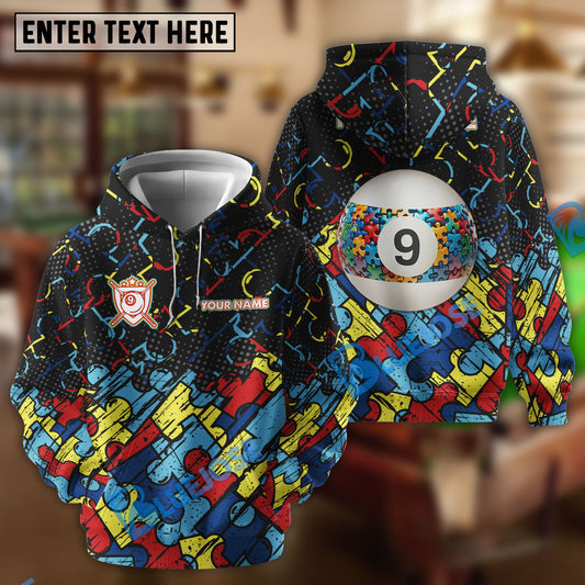 BlueJose Billiards Ball 9 Autism Awareness Puzzle Customized Name, Team Name 3D Shirt