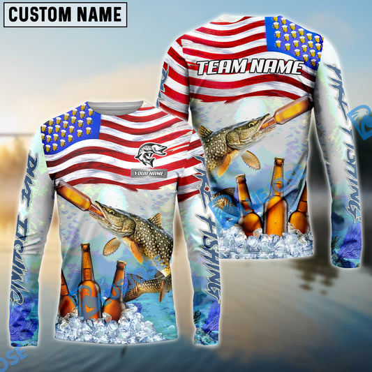 Bluejose Pike Fishing American Flag Beer Custom Name & Team Name 3D Shirts