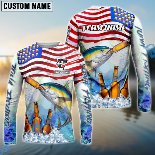 Bluejose Tuna Fishing American Flag Beer Custom Name & Team Name 3D Shirts