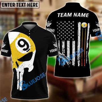 BlueJose Billiards Ball 9 Skull American Flag Customized Name, Team Name 3D Shirt