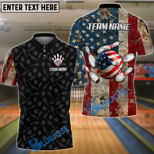 BlueJose Bowling And Pins Vintage US Flag Personalized Name, Team Name Unisex Shirt