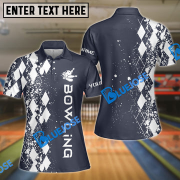 BlueJose Dark Blue Bowling Argyle Bowling Pattern Premium Customized Name 3D Shirt For Women