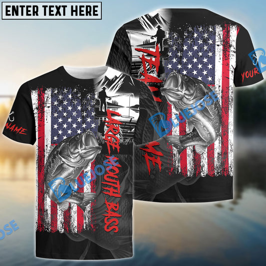 Bluejose Large Mouth Bass Fishing Black US Flag Sport Custom Name & Team Name 3D Shirts