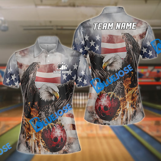 BlueJose Bowling US Flag Eagle Flame Customized Name, Team Name 3D Shirt