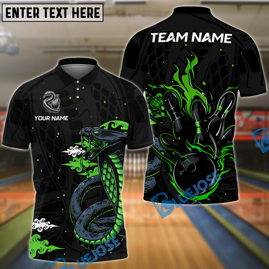 BlueJose Bowling And Pins Black & Neon Venomous Snake Customized Name And Team Name 3D Shirt (4 Colors)
