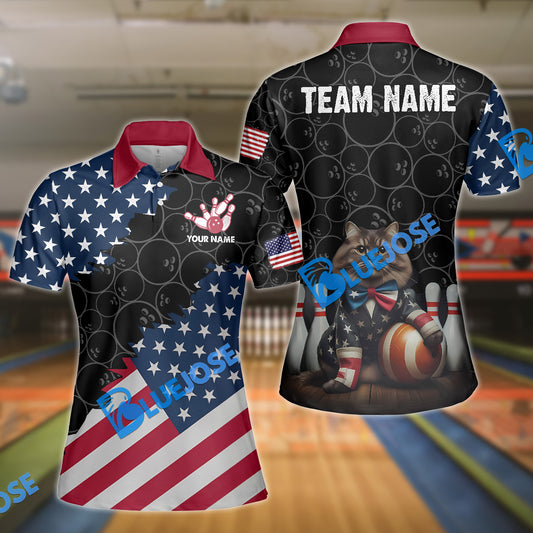 BlueJose Bowling Patriotic Cat Customized Name, Team Name 3D Shirt