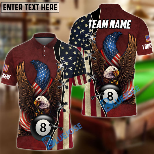 BlueJose Billiards 8 Ball American Eagle Flag Crack Personalized Name, Team Name Shirt (4 Colors)