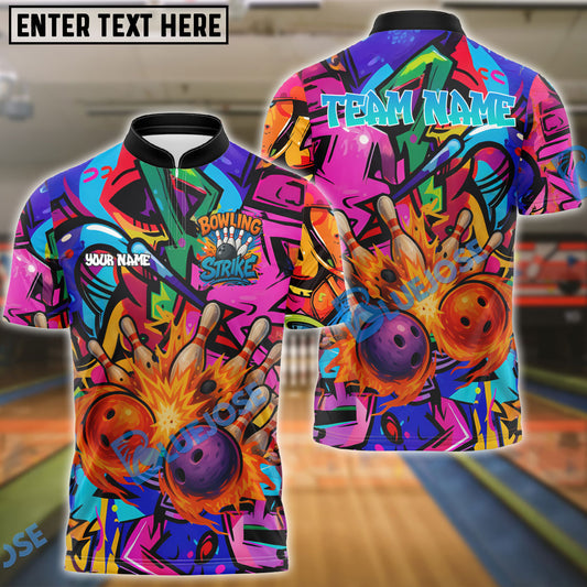 BlueJose Bowling And Pins Colorful Graffiti Double Ball Strike Personalized Name And Team Name 3D Shirt