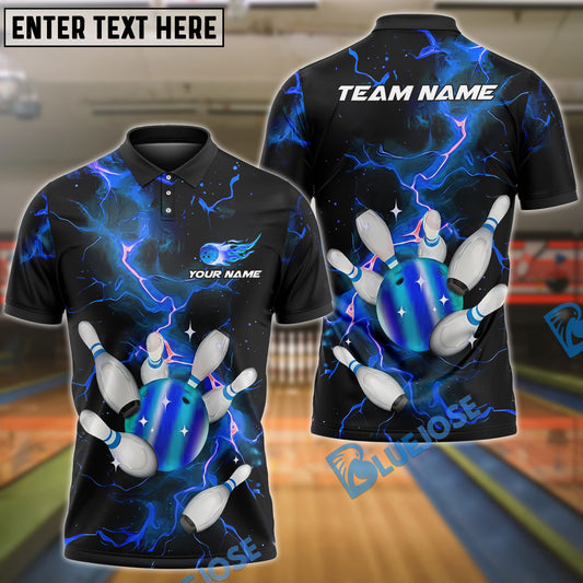 BlueJose Bowling And Pins Galaxy Thunder Lightning Pattern Customized Name, Team Name 3D Shirt (4 Colors)