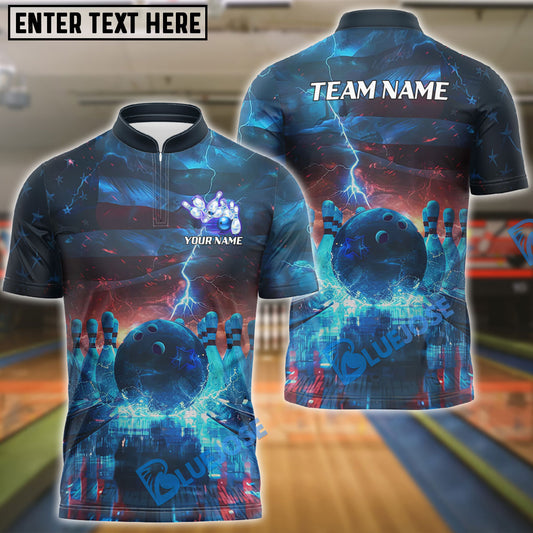 BlueJose Bowling Lightning American Flag Customized Name, Team Name 3D Shirt