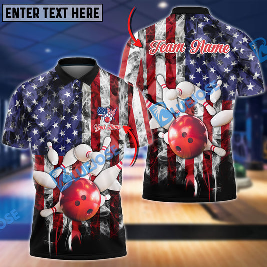 BlueJose Bowling And Pins US Flag and Smoke Customized Name 3D Shirt