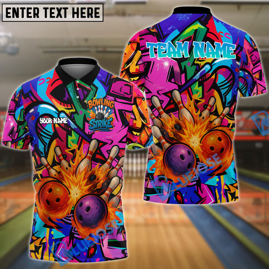 BlueJose Bowling And Pins Colorful Graffiti Double Ball Strike Personalized Name And Team Name 3D Shirt