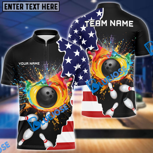 BlueJose Bowling Paint American Flag Customized Name, Team Name 3D Shirt
