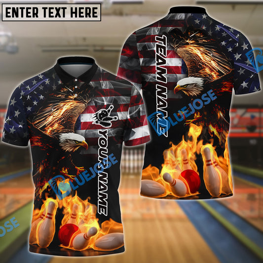BlueJose Bowling And Pins Flame American Eagle Customized Name, Team Name 3D Shirt (4 Colors)